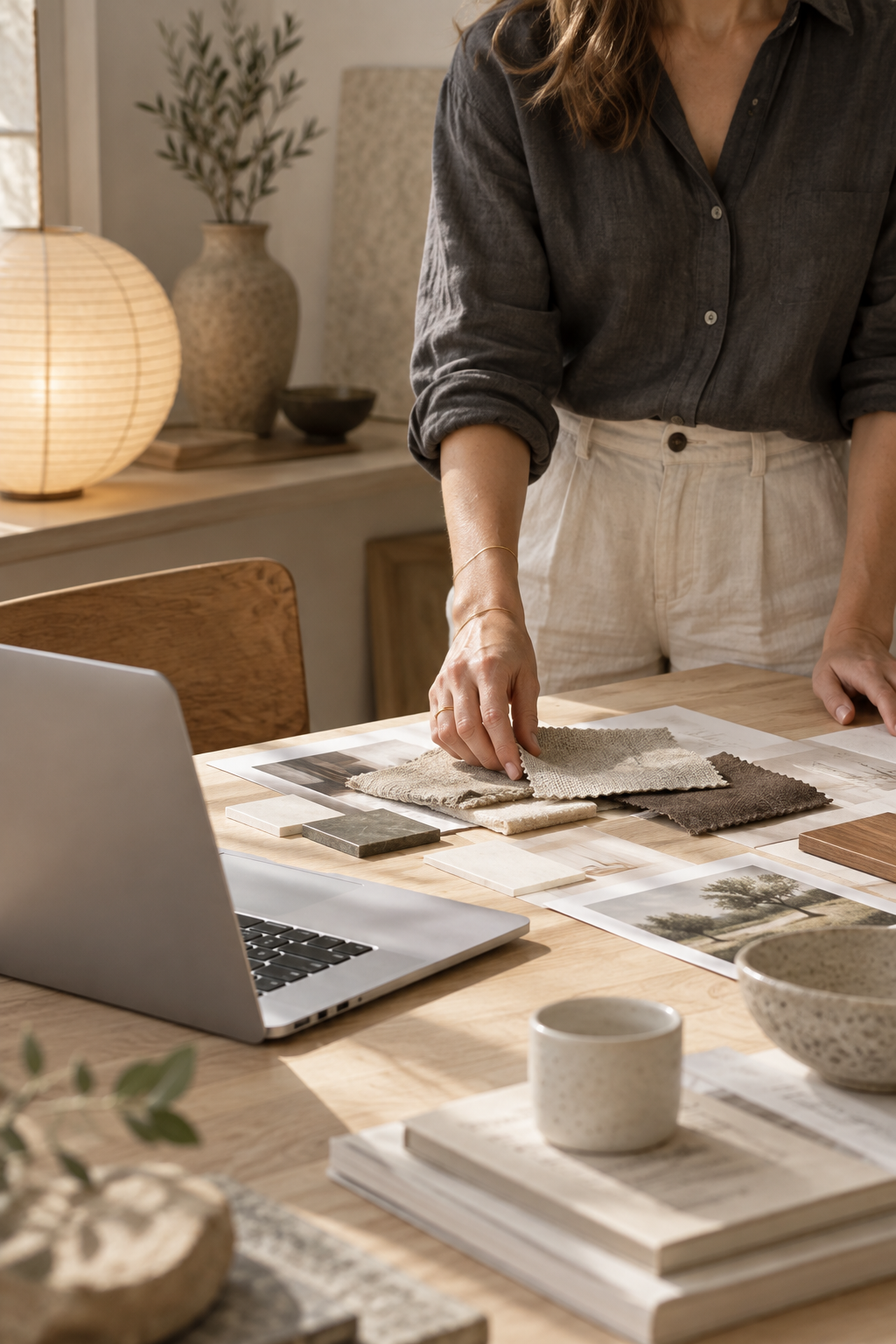 A thoughtful working moment at a warm, naturally lit desk